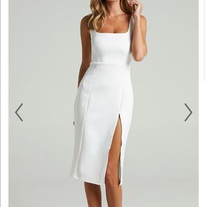 Showpo Mini Love Square Neck Split Midi Dress in white. Size 4
